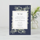 Modern Monogram Navy Blue Greenery Wedding Kaart (Staand voorkant)