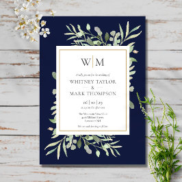 Modern Monogram Navy Blue Greenery Wedding Kaart