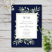 Modern Monogram Navy Blue Greenery Wedding Kaart