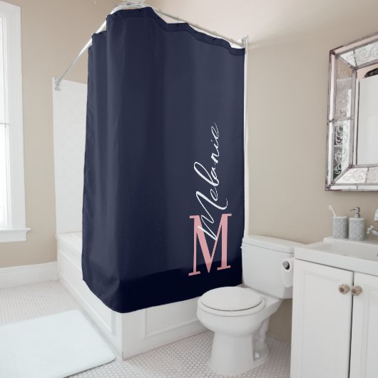 Modern Monogram Navy Blue Roze Shower Curtain Douchegordijn (In situ)