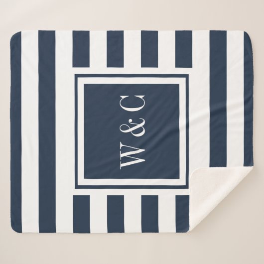 Modern Monogram Navy Blue Stripe Sherpa Deken (Voorkant (horizontaal))