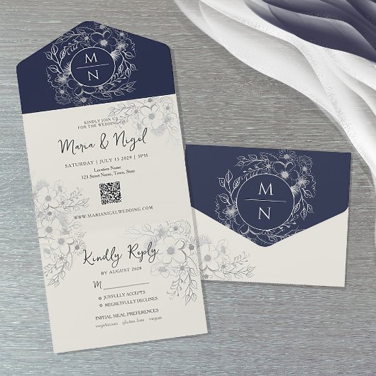 Modern Monogram Navy Blue Wedding All In One Uitnodiging