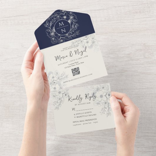 Modern Monogram Navy Blue Wedding All In One Uitnodiging (Afscheurbaar)