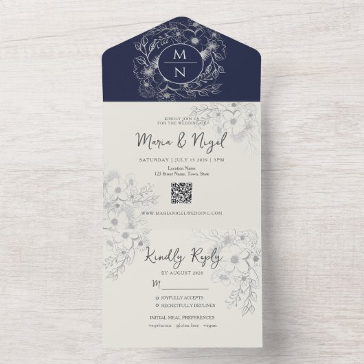 Modern Monogram Navy Blue Wedding All In One Uitnodiging (Binnen)