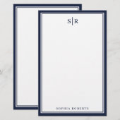 Modern Monogram Navy Blue White - naam Briefpapier (Voorkant / Achterkant)