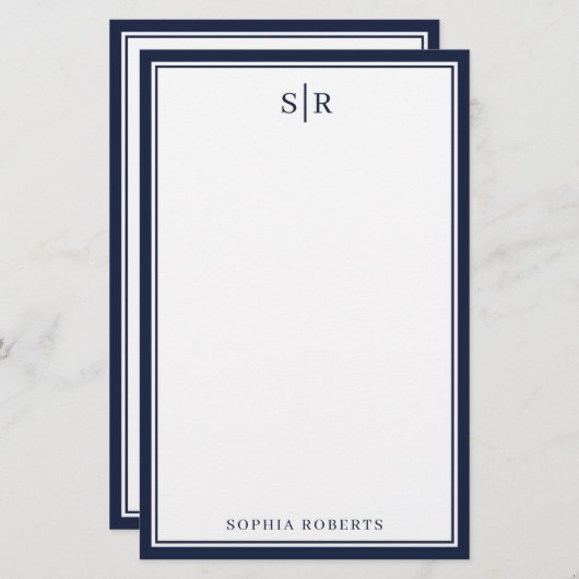 Modern Monogram Navy Blue White - naam Briefpapier (Voorkant / Achterkant)