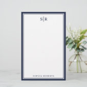Modern Monogram Navy Blue White - naam Briefpapier (Staand voorkant)