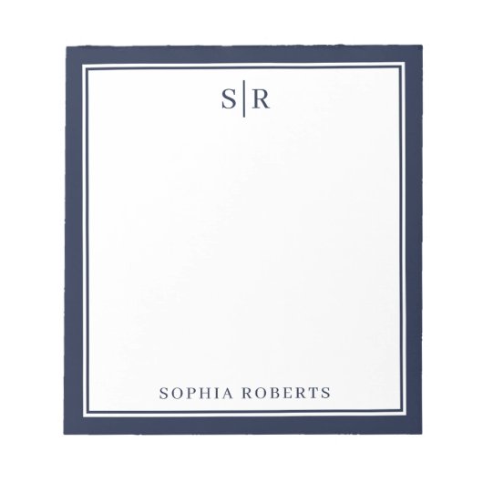 Modern Monogram Navy Blue Wit Aangepaste Naam Notitieblok (Voorkant)