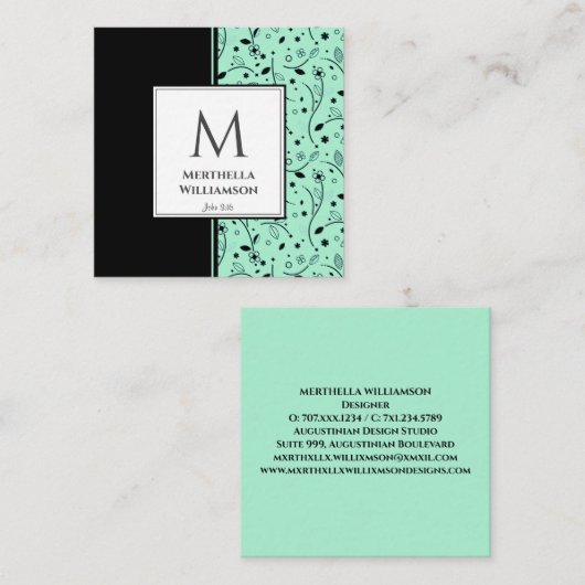 Modern MONOGRAM Neo Mint Black Floral Vierkante Visitekaartje (Voorkant / Achterkant)