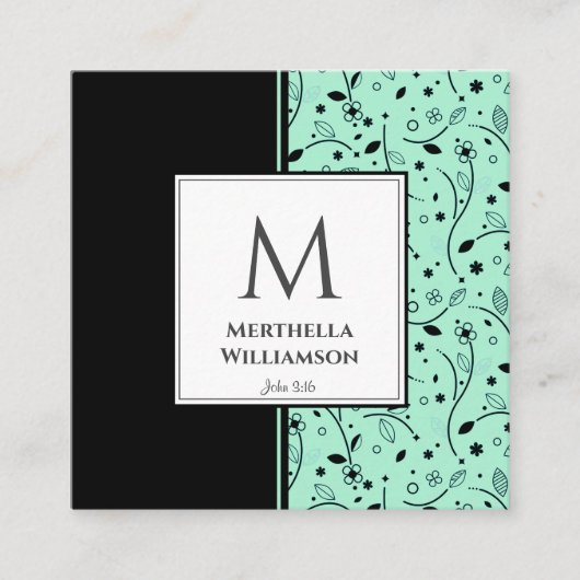 Modern MONOGRAM Neo Mint Black Floral Vierkante Visitekaartje (Voorkant)