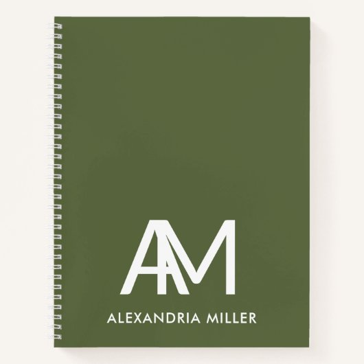 Modern Monogram Notitieboek met naam Olive Green (Voorkant)