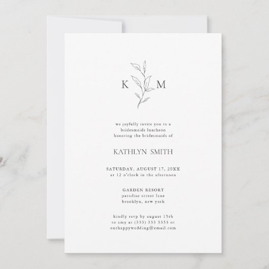 Modern Monogram Olive Leaf Bruidsmeisjes Luncheon Kaart (Voorkant)