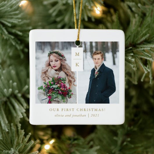 Modern Monogram | Onze eerste Kerstmis met foto's Keramisch Ornament (Boom)