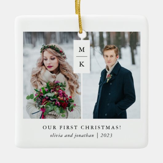 Modern Monogram | Onze eerste Kerstmis met foto's Keramisch Ornament (Voorkant)