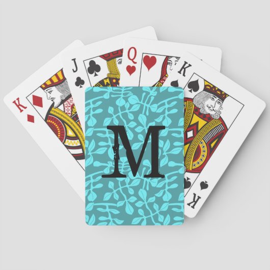 Modern Monogram op Aqua Bladeren Pokerkaarten (Achterkant)