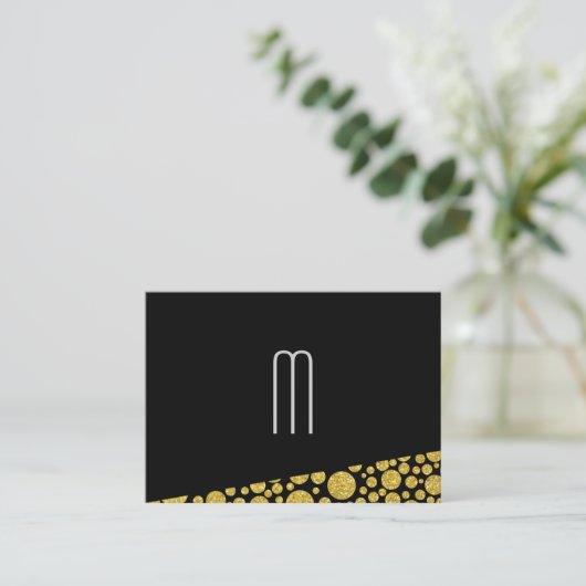 Modern Monogram op zwart | Glitter Polka Dots Visitekaartje (Staand voorkant)