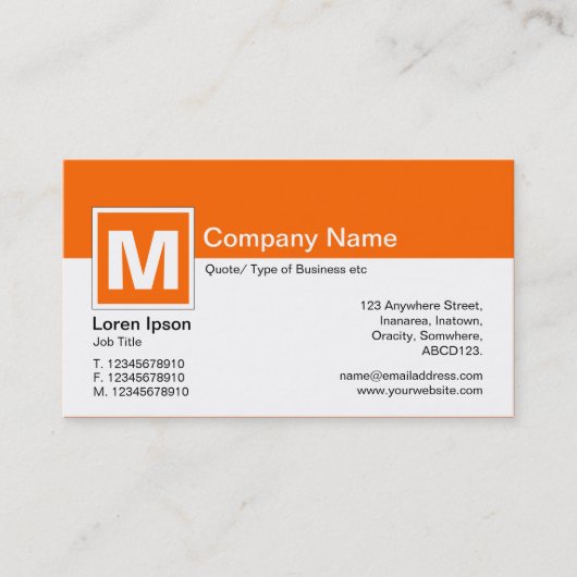 Modern monogram - Oranje en wit Visitekaartje (Voorkant)