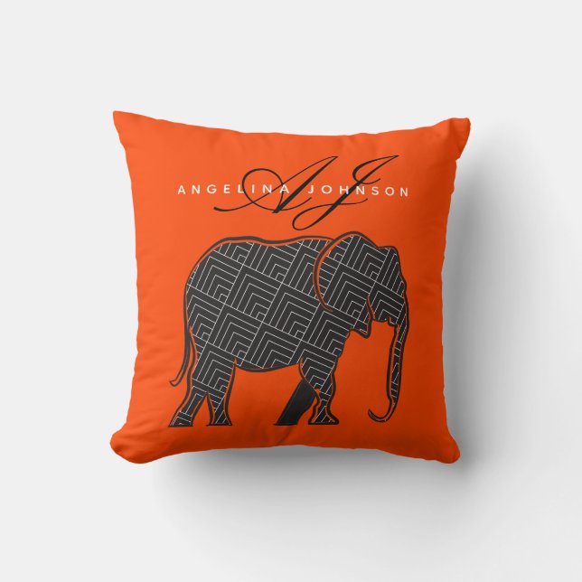 Modern Monogram Oranje en Zwart Kussen (Voorkant)
