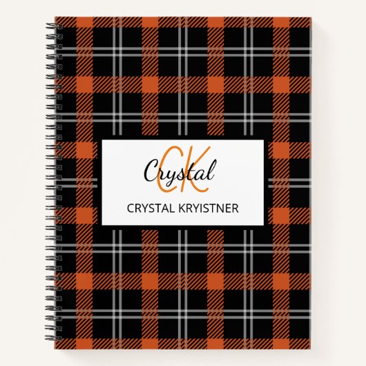 Modern Monogram Oranje Herfst Plaid Notitieboek (Voorkant)
