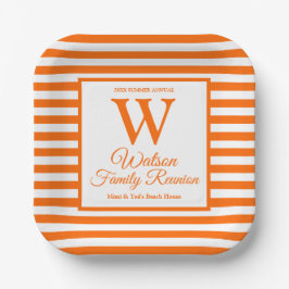 Modern monogram Oranje Stripes Familie Reunion Papieren Bordje