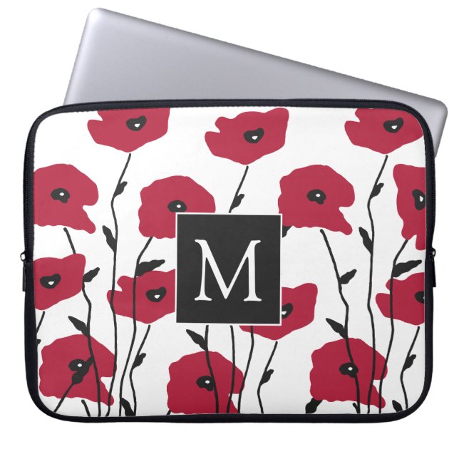 Modern Monogram Papavers Patroon Laptop Sleeve (Voorkant)