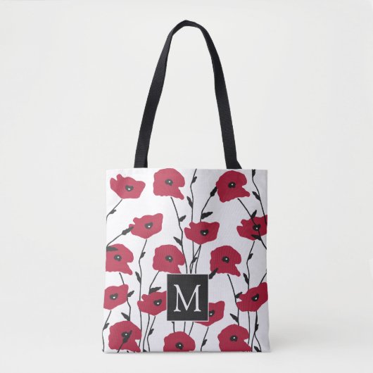 Modern Monogram Papavers Patroon  Tote Bag (Voorkant)