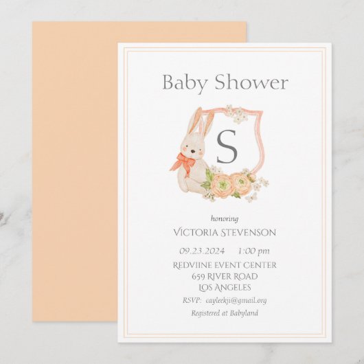Modern Monogram Peach Crest Bunny Baby Kaart (Voorkant / Achterkant)