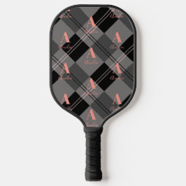 Modern Monogram Plaid Grijs Zwart Roze Pickleball Paddle