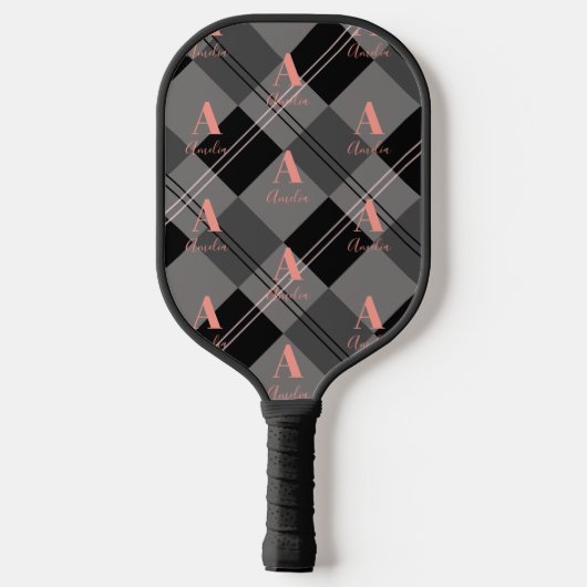 Modern Monogram Plaid Grijs Zwart Roze Pickleball Paddle (Achterkant)