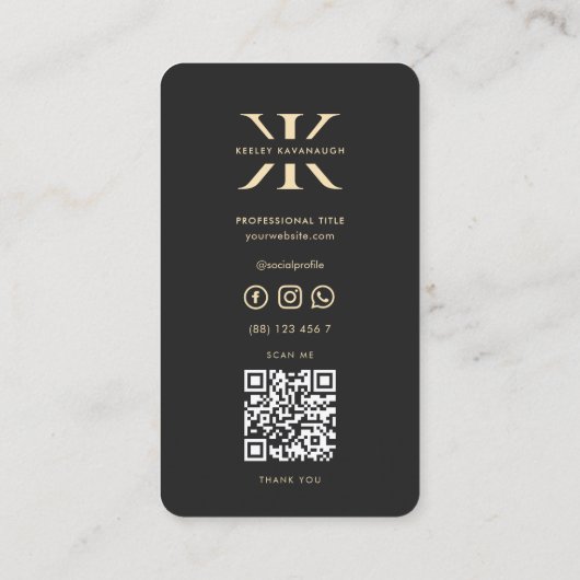 Modern Monogram Professional Logo K Zwart Goud Visitekaartje (Achterkant)