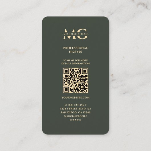 Modern Monogram Professioneel Elegant Groen Goud Q Visitekaartje (Achterkant)