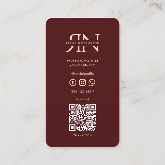 Modern Monogram Professioneel Rood Maroon Goud Visitekaartje (Achterkant)