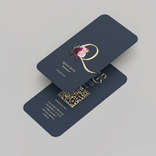 Modern Monogram Q Bloemen Donkerblauw Goud Visitekaartje