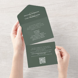 Modern Monogram QR Code Bruiloft RSVP Mos Groen All In One Uitnodiging