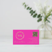 Modern Monogram QR Code Hot Pink Gold Visitekaartje (Staand voorkant)