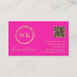Modern Monogram QR Code Hot Pink Gold Visitekaartje