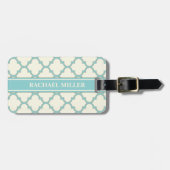 Modern Monogram Quatrefoil Pattern Ivory Turquoise Bagagelabel (Voorkant horizontaal)