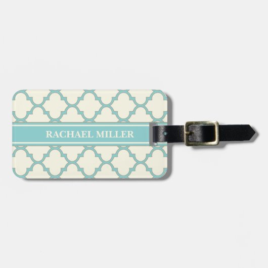 Modern Monogram Quatrefoil Pattern Ivory Turquoise Bagagelabel (Voorkant horizontaal)