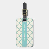 Modern Monogram Quatrefoil Pattern Ivory Turquoise Bagagelabel (Voorkant verticaal)