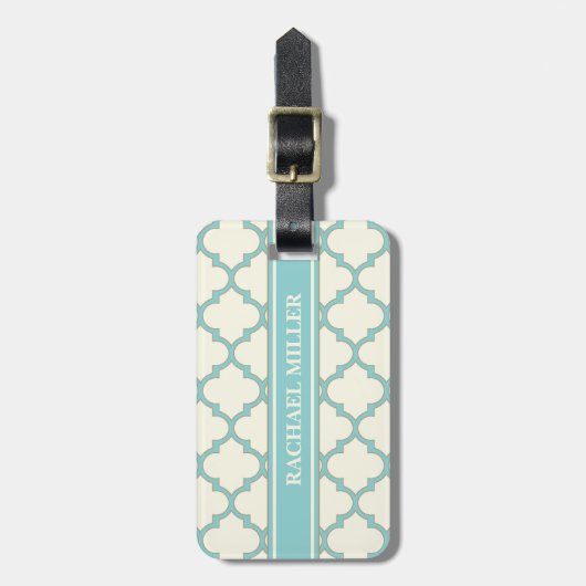 Modern Monogram Quatrefoil Pattern Ivory Turquoise Bagagelabel (Voorkant verticaal)