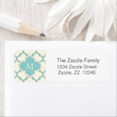 Modern Monogram Quatrefoil Pattern Ivory Turquoise Etiket (Insitu)