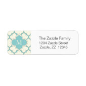 Modern Monogram Quatrefoil Pattern Ivory Turquoise Etiket (Voorkant)