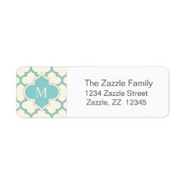 Modern Monogram Quatrefoil Pattern Ivory Turquoise Etiket