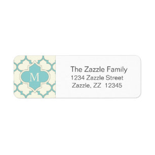Modern Monogram Quatrefoil Pattern Ivory Turquoise Etiket
