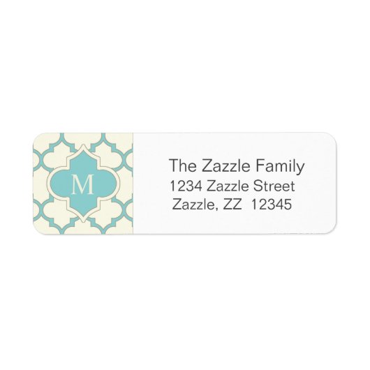 Modern Monogram Quatrefoil Pattern Ivory Turquoise Etiket (Voorkant)