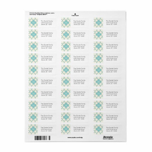 Modern Monogram Quatrefoil Pattern Ivory Turquoise Etiket (Full Sheet)