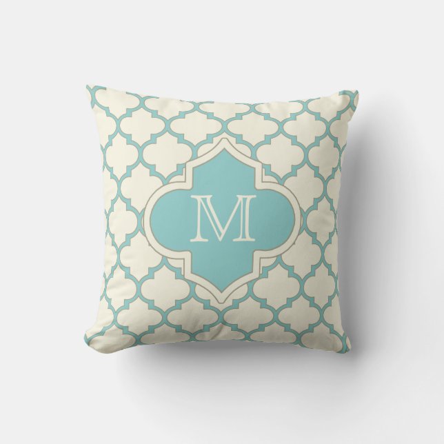 Modern Monogram Quatrefoil Pattern Ivory Turquoise Kussen (Voorkant)