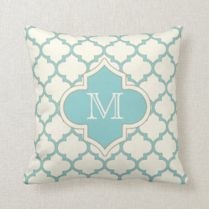 Modern Monogram Quatrefoil Pattern Ivory Turquoise Kussen