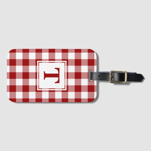 Modern Monogram Red en White Gingham Pattern Bagagelabel (Voorkant (horizontaal))