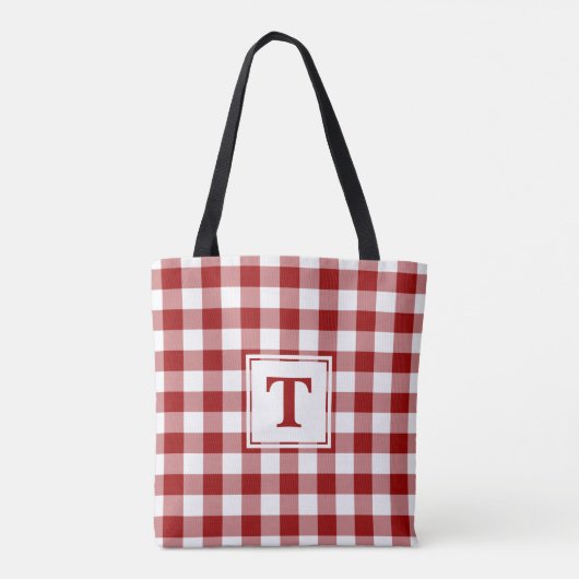 Modern Monogram Red en White Gingham Pattern Tote Bag (Achterkant)